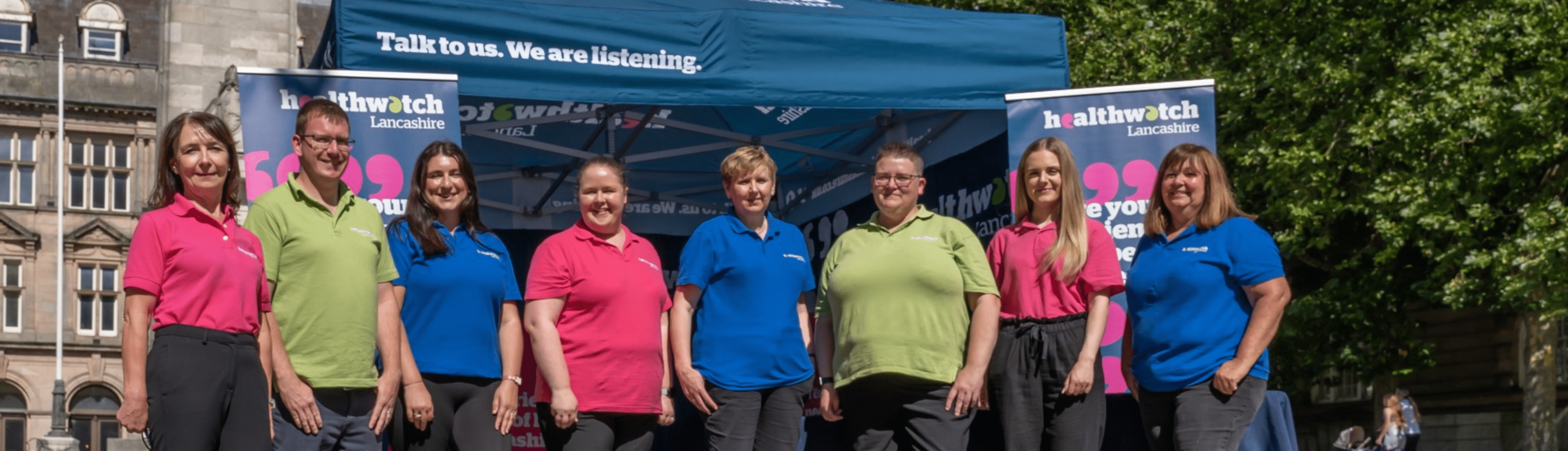 photo of the Healthwatch Lancashire team outside Preston Cenotaph for the blog post, what is healthwatch?