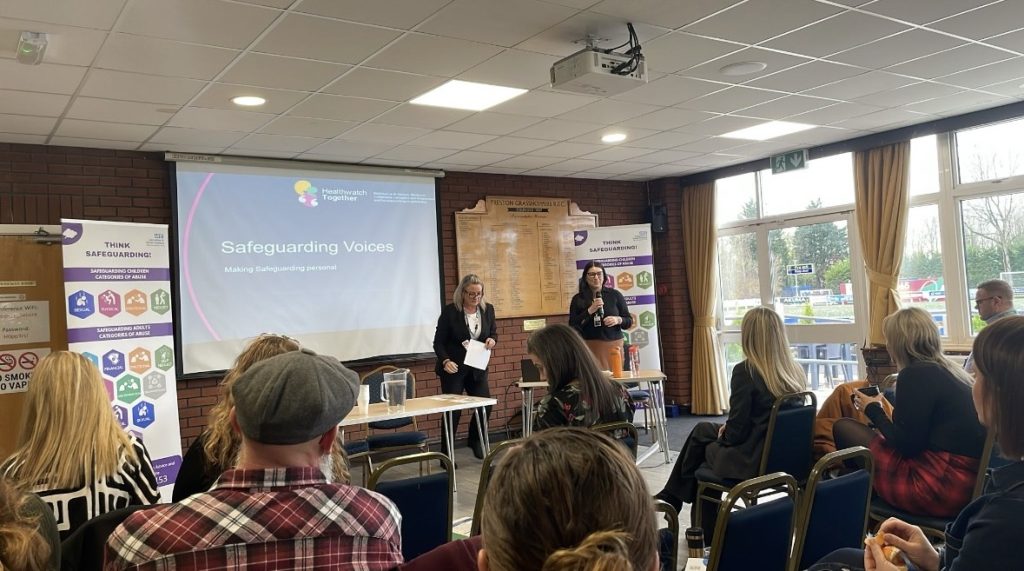 Image of Healthwatch Manager Jodie Carney speaking at the Lancashire and South Cumbria Foundation Trust Safeguarding Conference at Grasshoppers Rugby Club Garstang for a blog about our engagement safeguarding conference