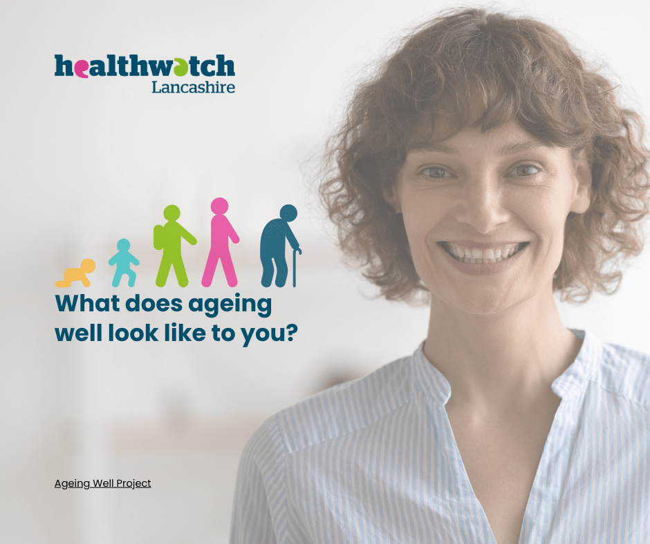 image of a woman smiling towards the camera on a greay background with 'what does ageing well look like to you?' written in navy blue text.