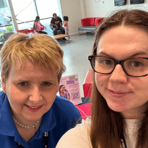 Image of Cora and Louise at Burnley Hospital for a visit to promote the PCSP